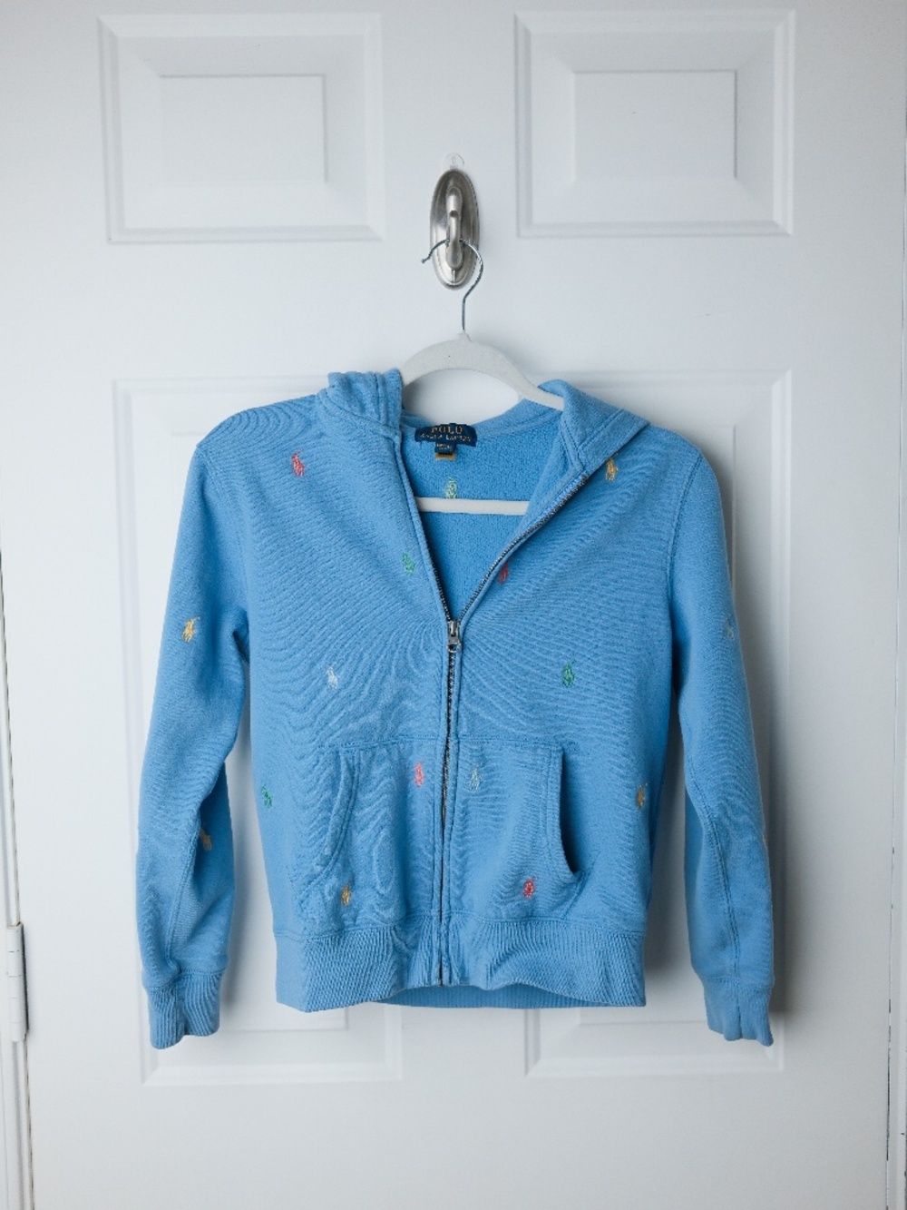 Polo Ralph Lauren Girls Blue Full Zip Hoodie Multicolor Pony Logo Size M 10-12